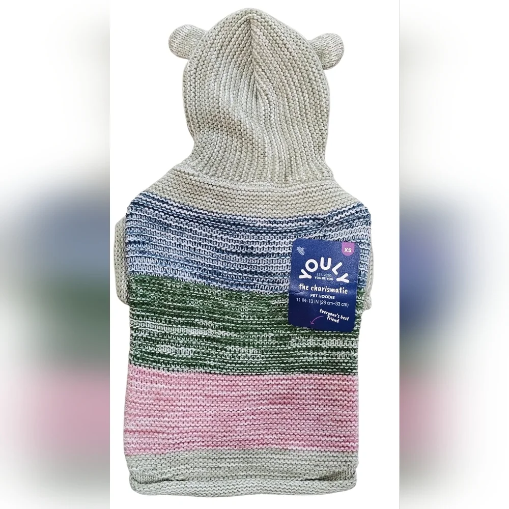 Striped Knit Pet Hoodie with Ears, Size XS, New